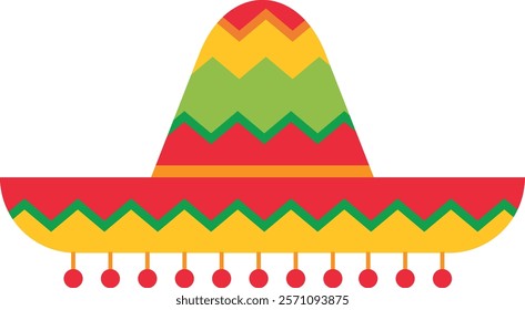 Colorful sombrero with a wide brim and high pointed crown, decorated with zigzag patterns in red, yellow, and green, with red pom-poms hanging from the edge.