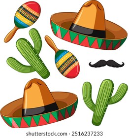 Sombreros coloridos, maracas, cactos e bigode