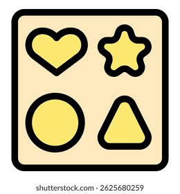 Colorful sorting board featuring heart, star, circle, and triangle shapes, engaging children in educational play and enhancing fine motor skills