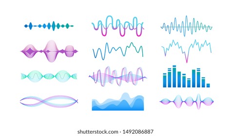 Colorful sound equaliser set - modern dynamic music amplitude frequency change shapes isolated on white background, audio and stereo wave lines vector illustration