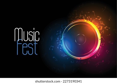 colorful sound speaker with sound notes for musical fest background vector 