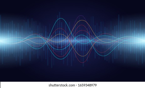 colorful sound wave audio spectrum line on dark background , vector illustration .