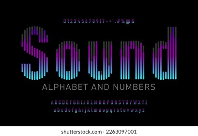 Colorful sound wave style font design, alphabet letters, signs, symbols and numbers. Vector illustration