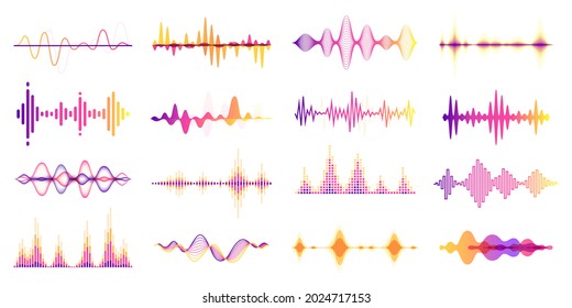 Colorful sound waves, audio frequency graph, voice wave. Abstract soundwave, futuristic radio signal frequency, studio equalizer vector set. Player with dynamic soundtrack bars with curves