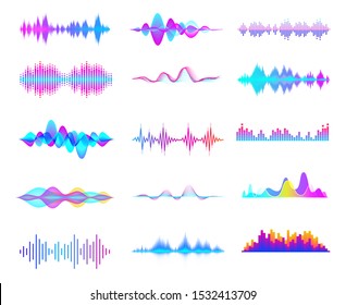Colorful sound waves. Audio signal wave, color gradient music waveforms and digital studio equalizer vector set. Multicolor audio lines cliparts collection. Soundwaves, radio frequency