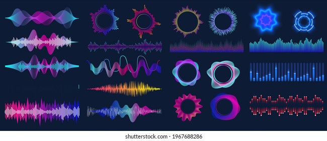 Colorful sound waves. Audio signal wave, color gradient music waveforms and digital studio equalizer vector set. Analog and digital audio signal.  High frequency radio wave. Vector illustration