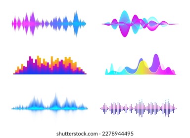 Colorful sound waves. Audio signal wave, color gradient music waveforms and digital studio equalizer vector set. Tune or melody motion bar, flowing dynamic soundtrack isolated elements