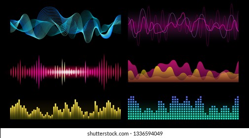 Colorful sound waves on black background set, audio player, equalizer, musical pulse, vector illustration