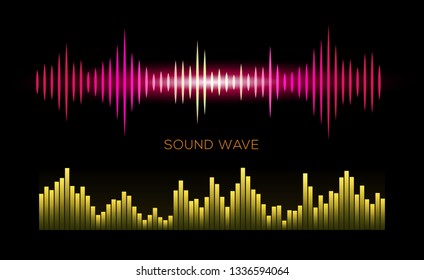 Colorful sound waves on black background set, audio player, equalizer, musical pulse, vector illustration