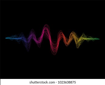 Colorful Sound Waves Rough Lines Flow Isolated On Black Background For Music, Sound, Science Or Technology Concept Vector Design Element.