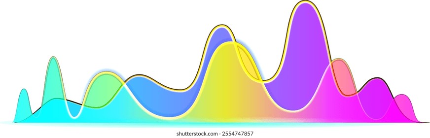 Colorful sound waves are undulating, creating a vibrant visual representation of audio signals, music waveforms, and digital studio equalizer effects with a color gradient