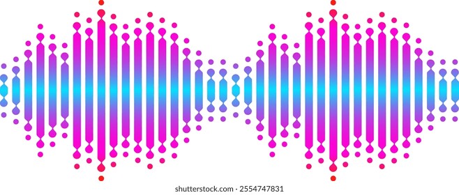 Colorful sound waves are visualized with a vibrant gradient, creating an abstract representation of audio signals, music waveforms, or digital studio equalizer effects