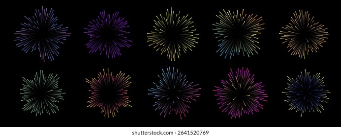 Colorful soundwave patterns in circular shapes on a black background. The vector design features various vibrant colors and dynamic wave forms, representing music and sound
