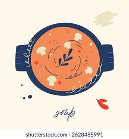 Colorful soup illustration with herbs, mushrooms, and playful elements in a round bowl. Ideal for recipe books, menus, and food-related designs