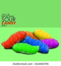 Colorful sour chewy candy with a little sprinkle of powdered sugar with bold text on green background, National Sour Candy Day July 18