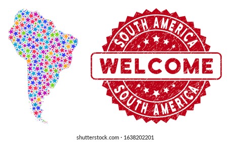Colorful South America map collage of stars, and grunge rounded red WELCOME stamp. Abstract territorial plan in colorful color hues. Vector South America map is done of color stars.