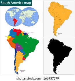 Colorful South America map with countries and capital cities