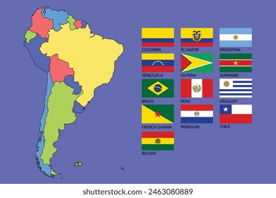 Colorful South America Map with Country Flags Vector Art