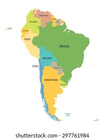 colorful South America map with names of all countries