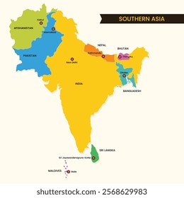 Colorful Southern Asia map with countries and capital cities