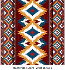Colorful southwestern ikat pattern featuring traditional tribal geometric designs. Intricate repeating shapes make them ideal for textiles, backgrounds and decorations