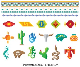 Colorful Southwestern Images, Icons And Border Designs. 