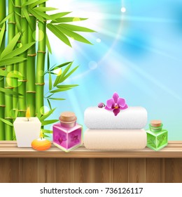 Colorful spa composition with set for spa treatment and bamboo shoots on blue sky background realistic vector illustration