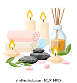 Colorful spa tools and accessories black basalt massage stones herbs rolled up towel candles and oil vector illustration on white and blue background with place for your text.