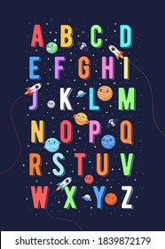 Colorful space alphabet for kids. Vector graphic illustration of alphabet with space theme for children.