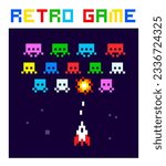 Colorful Space Arcade in 8-bit retro video game style. Simple pixel graphics game. Geek Poster with vintage computer game screen vector illustration
