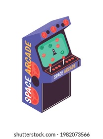 Colorful space arcade retro game machine with red buttons and controllers isometric icon vector illustration