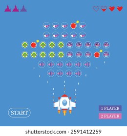 Colorful Space Arcade in  retro video game style. Poster with vintage computer game screen, vector illustration.

