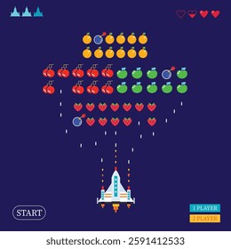 Colorful Space Arcade in  retro video game style. Poster with vintage computer game screen, vector illustration.
