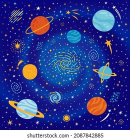 Farbiger Raumhintergrund mit Planeten, Galaxie, Kometen und Sternen im Cartoon-Stil. Cute Vektorgrafik mit kosmischen Elementen. 