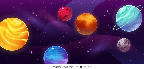 Colorido fondo del espacio con planetas, estrellas y nebulosas. Ilustración vectorial de dibujos animados en gradiente para juegos, niños, para el día de la cosmonautica