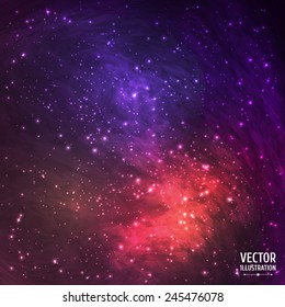 Colorful Space Cosmic Background with Light, Shining Stars, Stardust and Nebula. Vector Illustration for artwork, party flyers, posters, banners