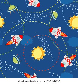 Colorful space with cute rocket semless background