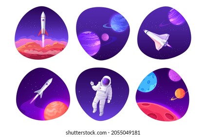 Colorful space discovery icons set illustration. Open space, planets, rockets and astronaut 