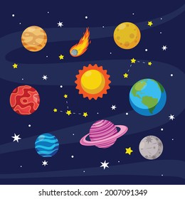 Colorful space element planet collection. Flat vector cartoon design