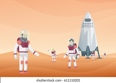 Colorful space exploration concept with group of astronauts landing on Mars planet vector illustration