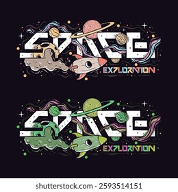 Colorful Space Exploration Typography – Hand-Drawn Vector Art