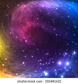 Colorful Space Galaxy Background with Light, Shining Stars and Nebula. Vector Illustration for artwork, party flyers, posters, banners.