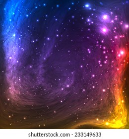 Colorful Space Galaxy Background with Light, Shining Stars, Stardust and Nebula. Vector Illustration for artwork, party flyers, posters, banners.