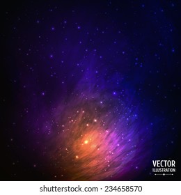 Colorful Space Galaxy Background with Light, Shining Stars, Stardust and Nebula. Vector Illustration for artwork, party flyers, posters, banners.