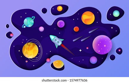 Colorful space galaxy background - planets, spaceship or rocket and stars in website header or banner flat cartoon vector illustration. Cosmic universe poster design.