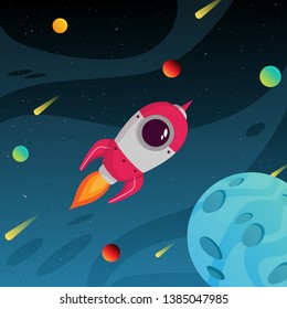 Colorful space galaxy with planet and space rocket take off