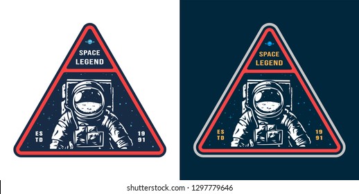 Colorful space label with astronaut in spacesuit in vintage style isolated vector illustration