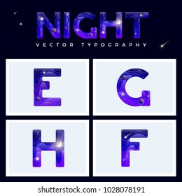 Colorful space letters alphabet with stars, planets, comets and asteroids. Vector illustration. EPS 10