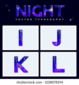 Colorful space letters alphabet with stars, planets, comets and asteroids. Vector illustration. EPS 10