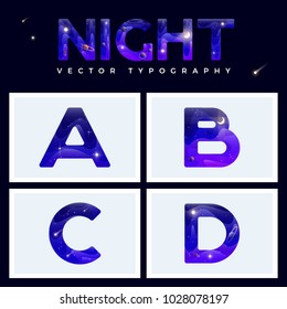 Colorful space letters alphabet with stars, planets, comets and asteroids. Vector illustration. EPS 10